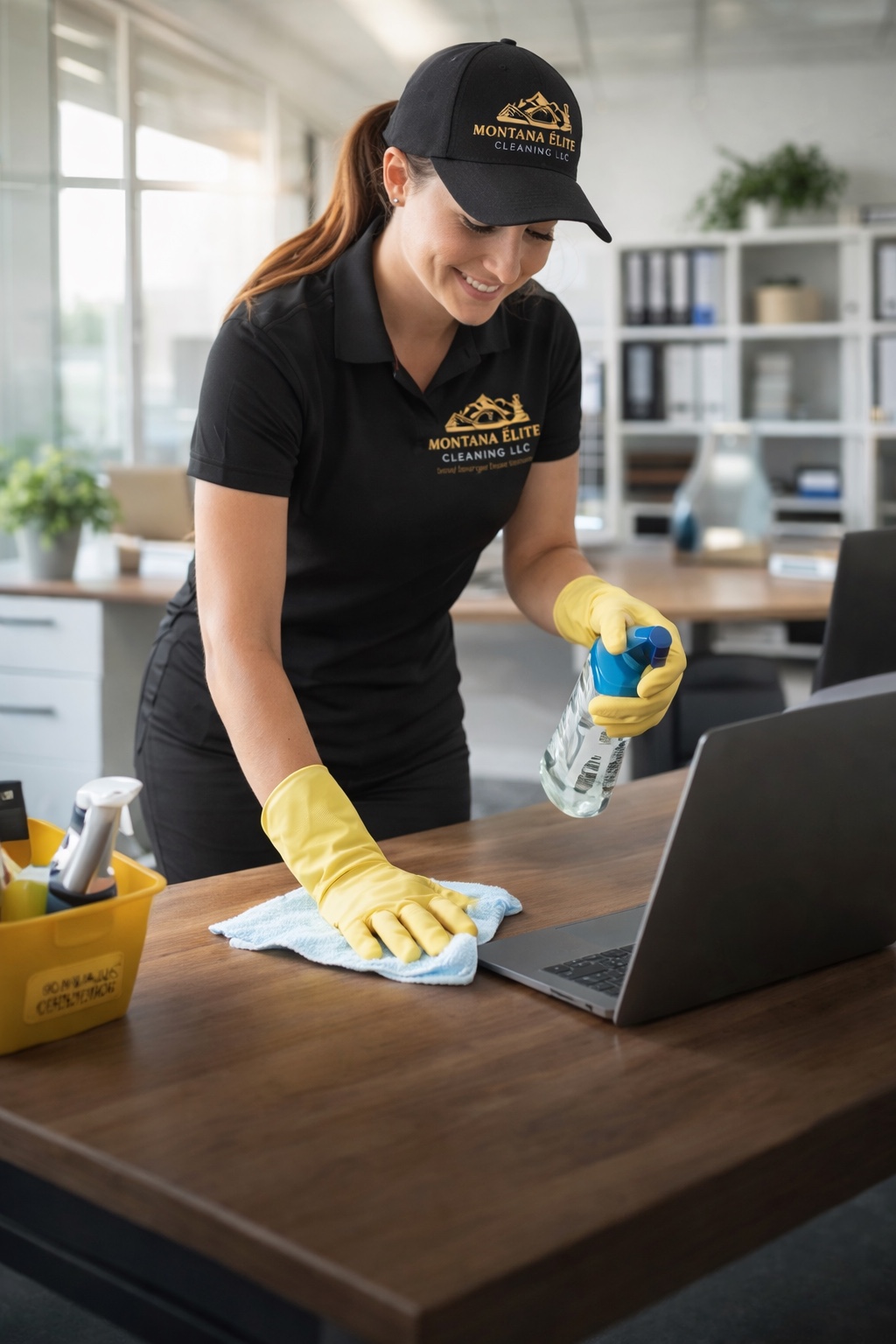 Cleaner disinfecting and wiping an office desk