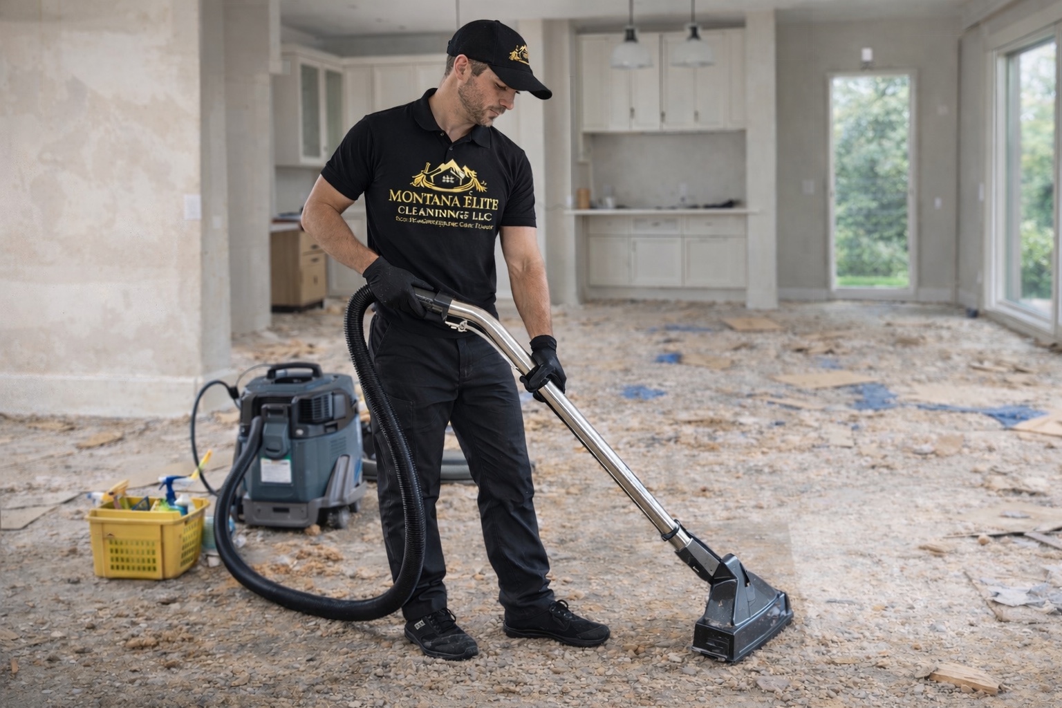 Cleaner vacuuming a post-construction interior