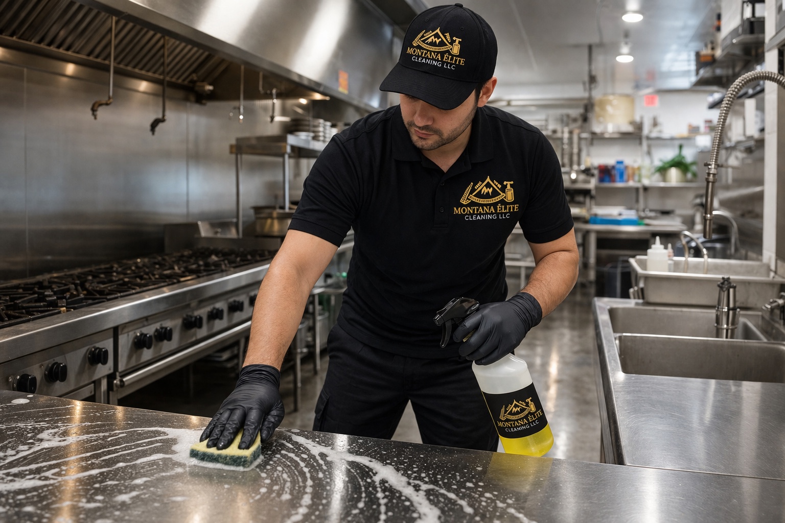 Cleaner sanitizing a commercial kitchen