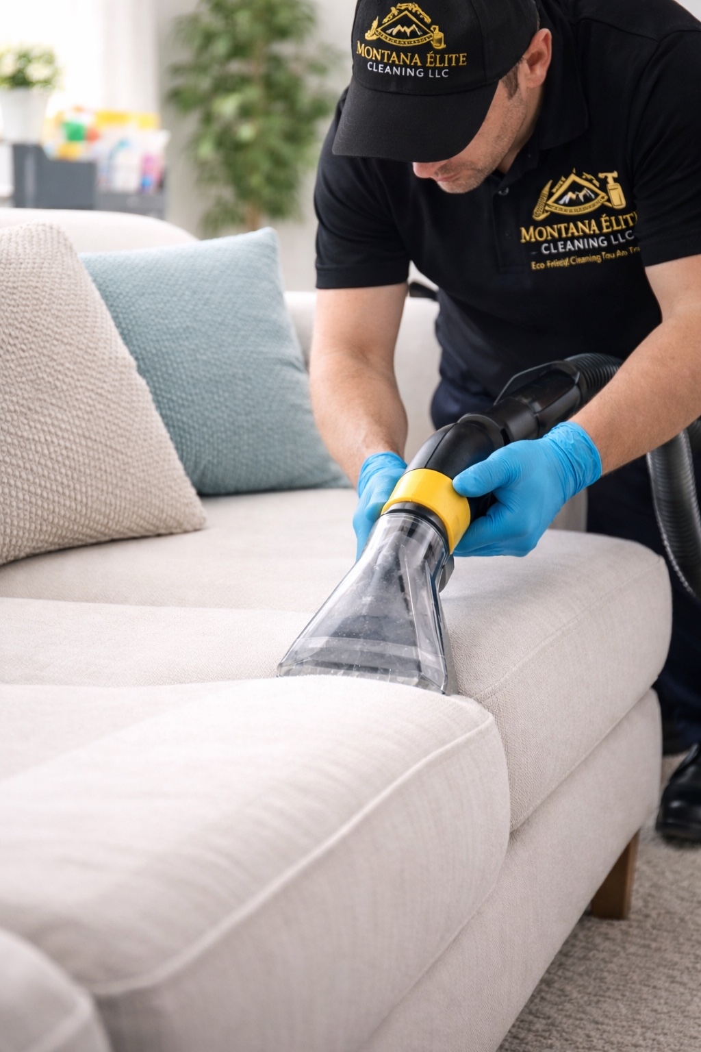 Upholstery extraction cleaning on a sofa
